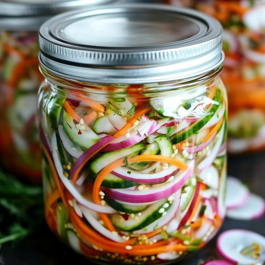 Frascos de vidrio con verduras en escabeche casero, incluyendo zanahorias, pimientos y coliflor en un líquido de vinagre y especias.