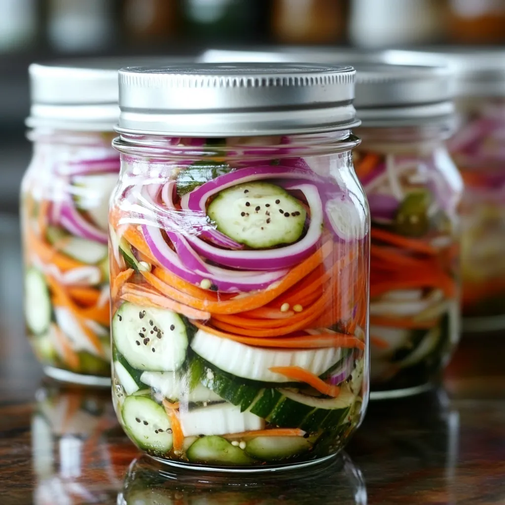 Frascos de vidrio con verduras en escabeche casero, incluyendo zanahorias, pimientos y coliflor en un líquido de vinagre y especias.