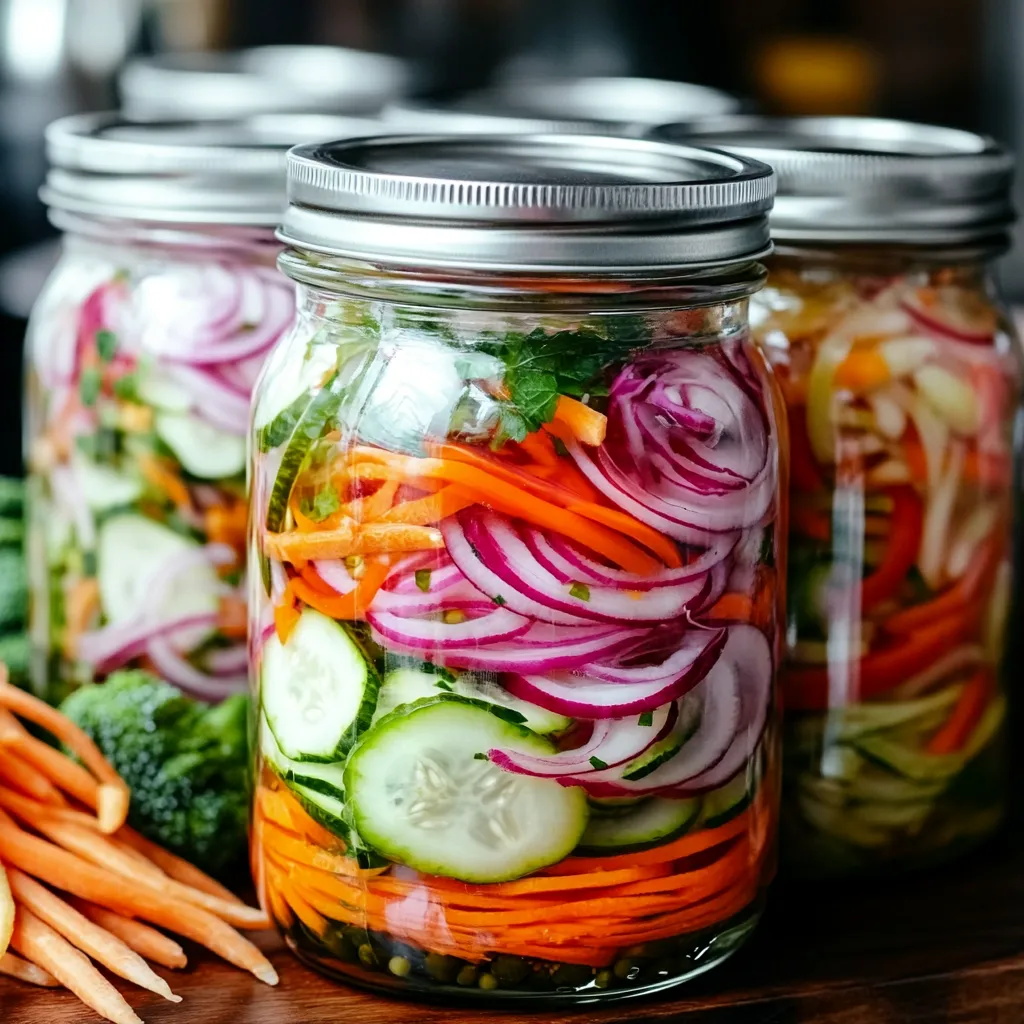 Frascos de vidrio con verduras en escabeche casero, incluyendo zanahorias, pimientos y coliflor en un líquido de vinagre y especias.
