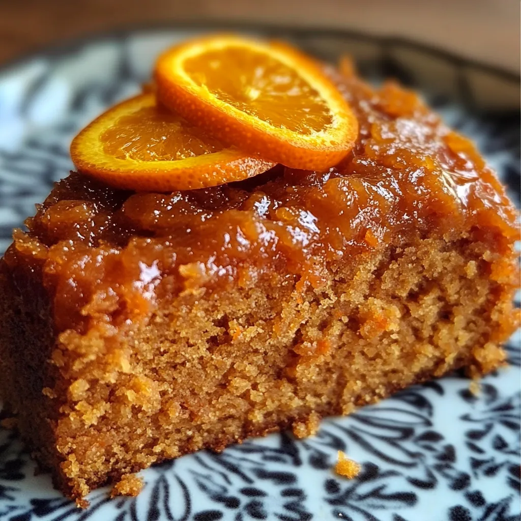 Tarta de zanahoria y naranja sin harina ni azúcar, decorada con ralladura de naranja sobre un plato de cerámica blanca.

