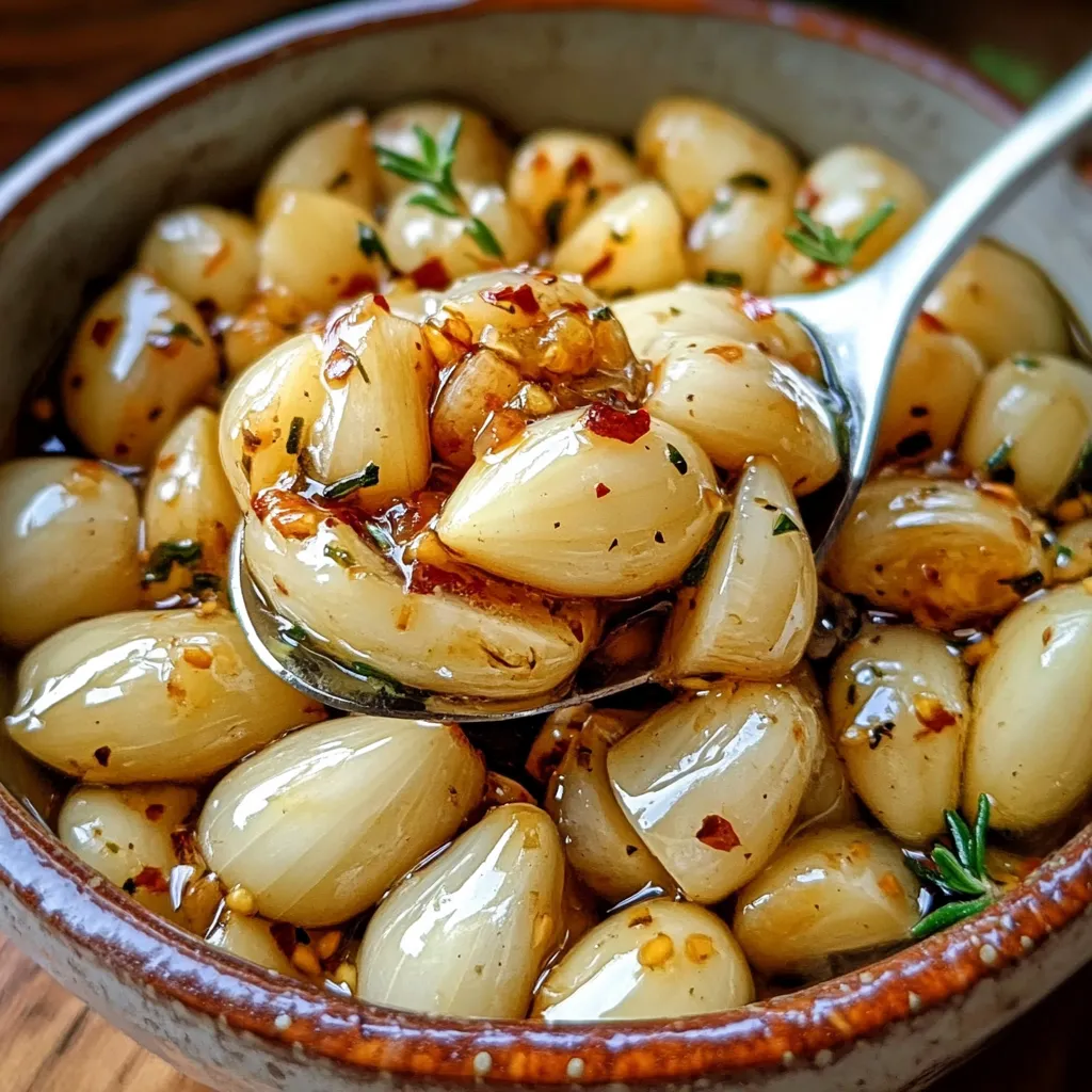 Frasco de vidrio con ajo marinado en aceite de oliva y hierbas frescas.