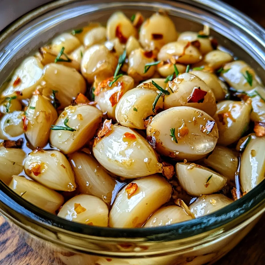 Frasco de vidrio con ajo marinado en aceite de oliva y hierbas frescas.