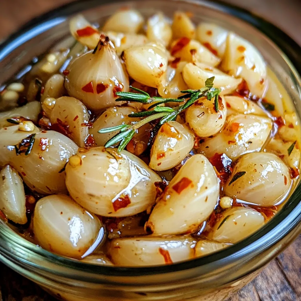 Frasco de vidrio con ajo marinado en aceite de oliva y hierbas frescas.