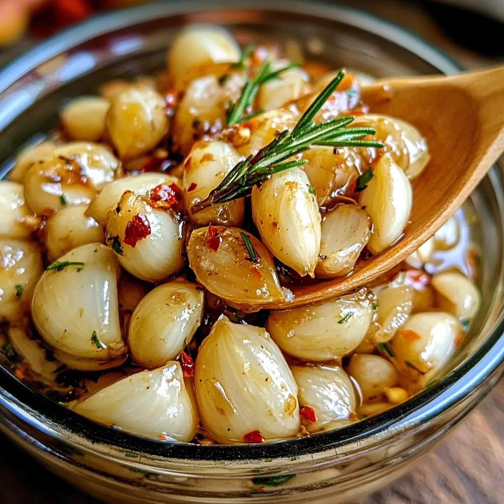 Frasco de vidrio con ajo marinado en aceite de oliva y hierbas frescas.