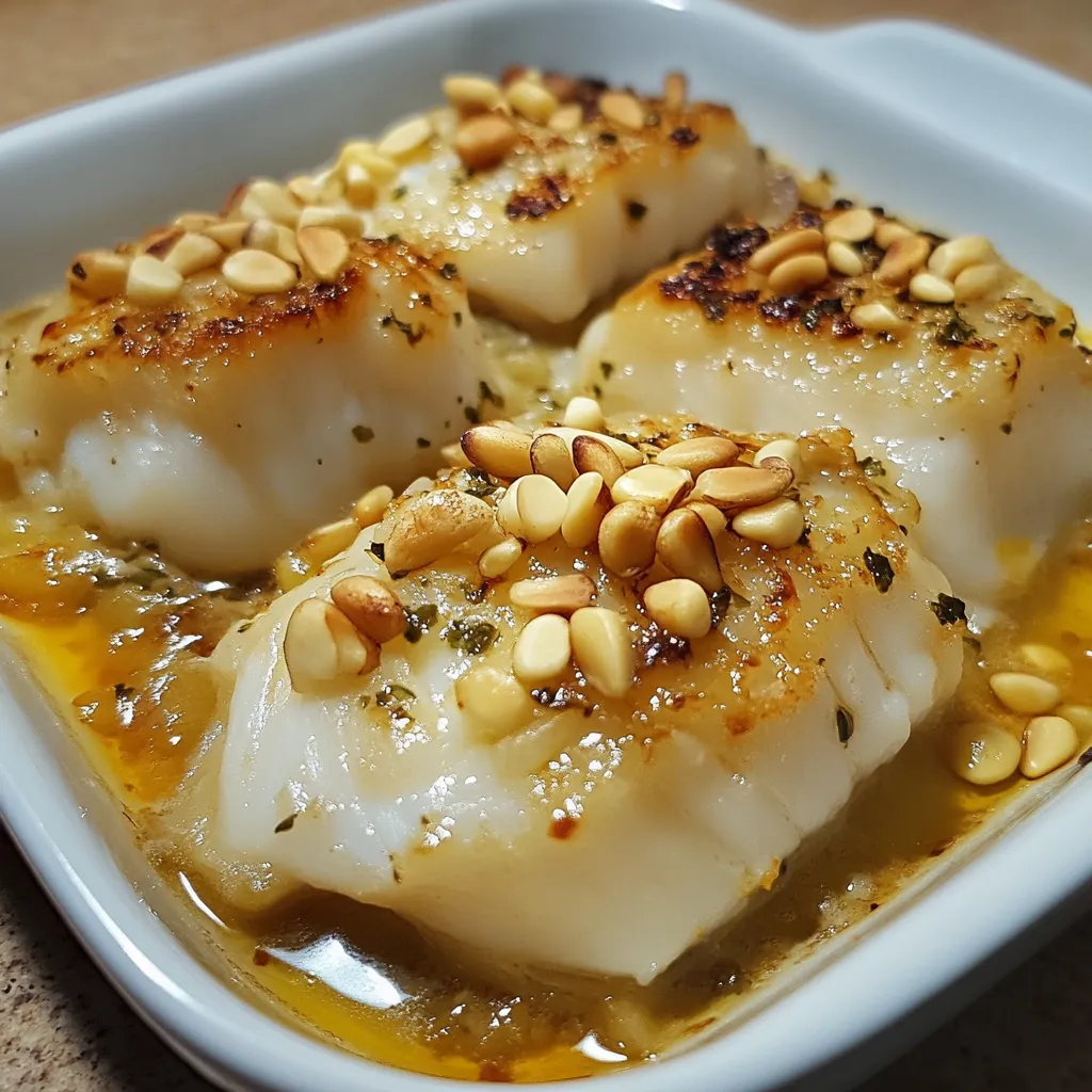 Plato de bacalao encebollado gratinado con mayonesa de ajo servido en una