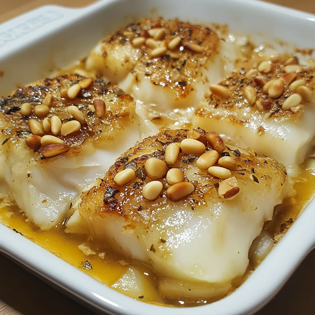 Plato de bacalao encebollado gratinado con mayonesa de ajo servido en una