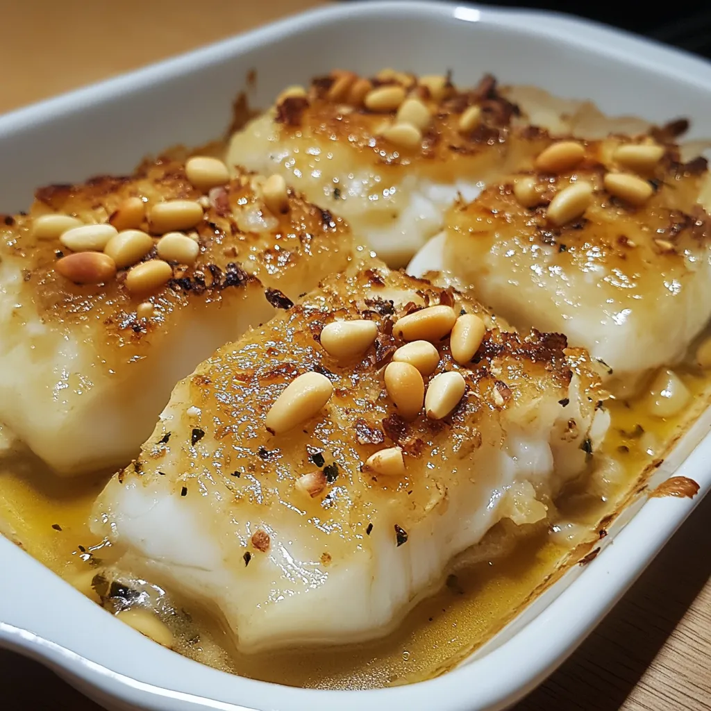 Plato de bacalao encebollado gratinado con mayonesa de ajo servido en una