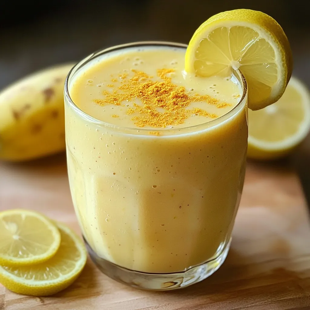 Batido de plátano, limón y jengibre servido en un vaso con hielo, decorado con una rodaja de limón y jengibre rallado.