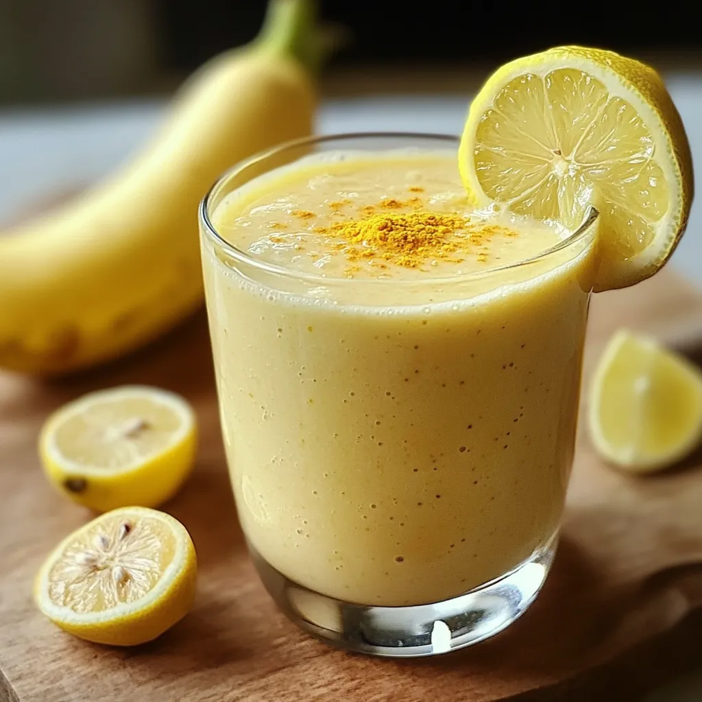 Batido de plátano, limón y jengibre servido en un vaso con hielo, decorado con una rodaja de limón y jengibre rallado.