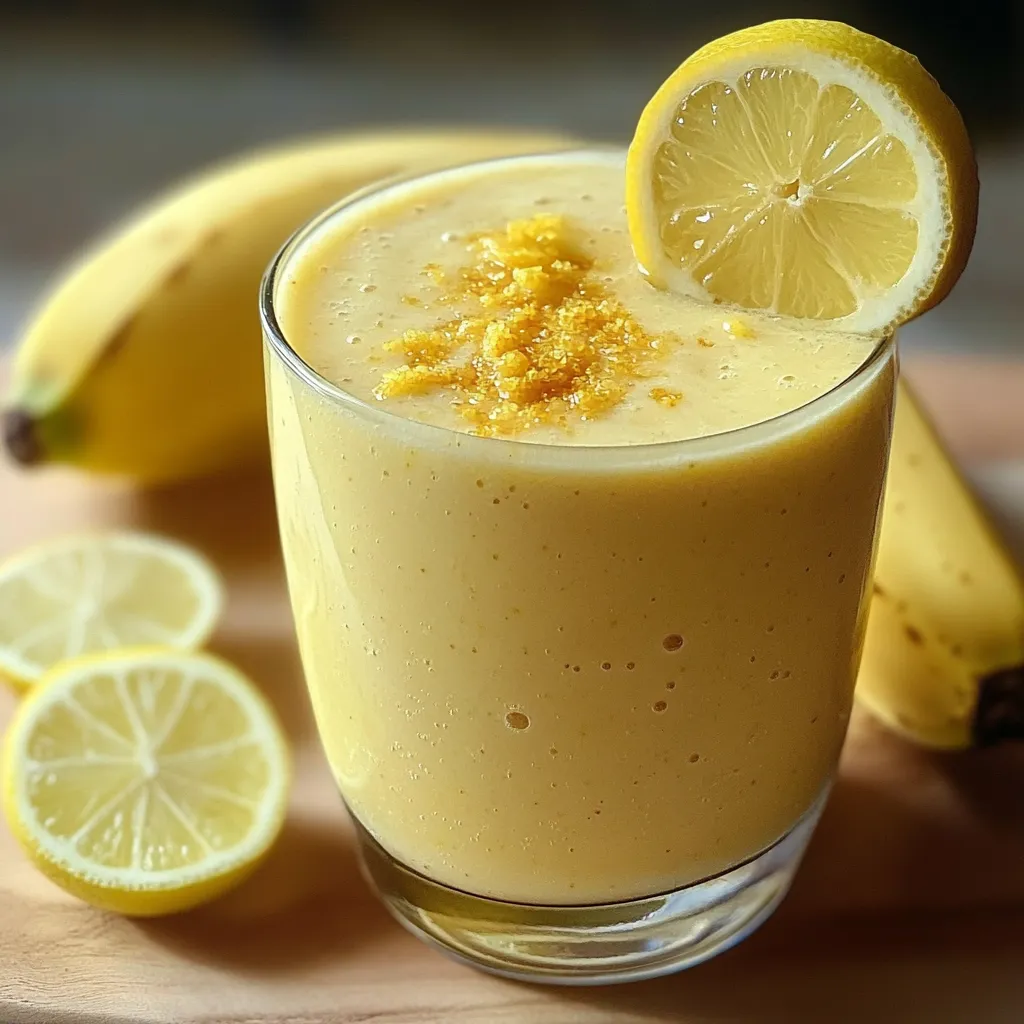 Batido de plátano, limón y jengibre servido en un vaso con hielo, decorado con una rodaja de limón y jengibre rallado.