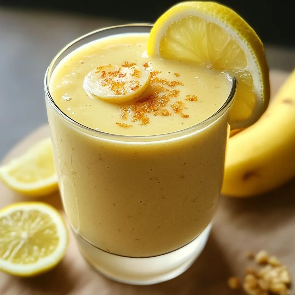Batido de plátano, limón y jengibre servido en un vaso con hielo, decorado con una rodaja de limón y jengibre rallado.