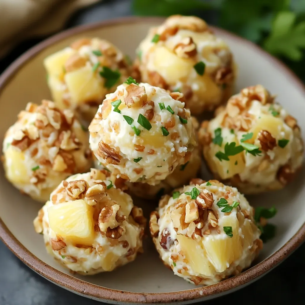 Bolitas de queso, piña y nueces servidas en una bandeja con perejil fresco.