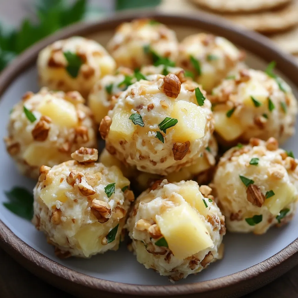 Bolitas de queso, piña y nueces servidas en una bandeja con perejil fresco.