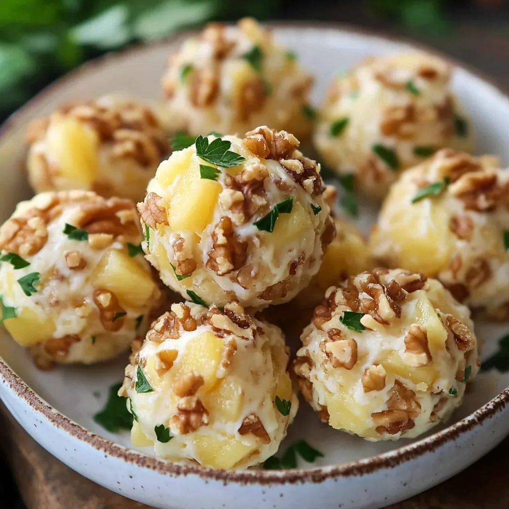 Bolitas de queso, piña y nueces servidas en una bandeja con perejil fresco.