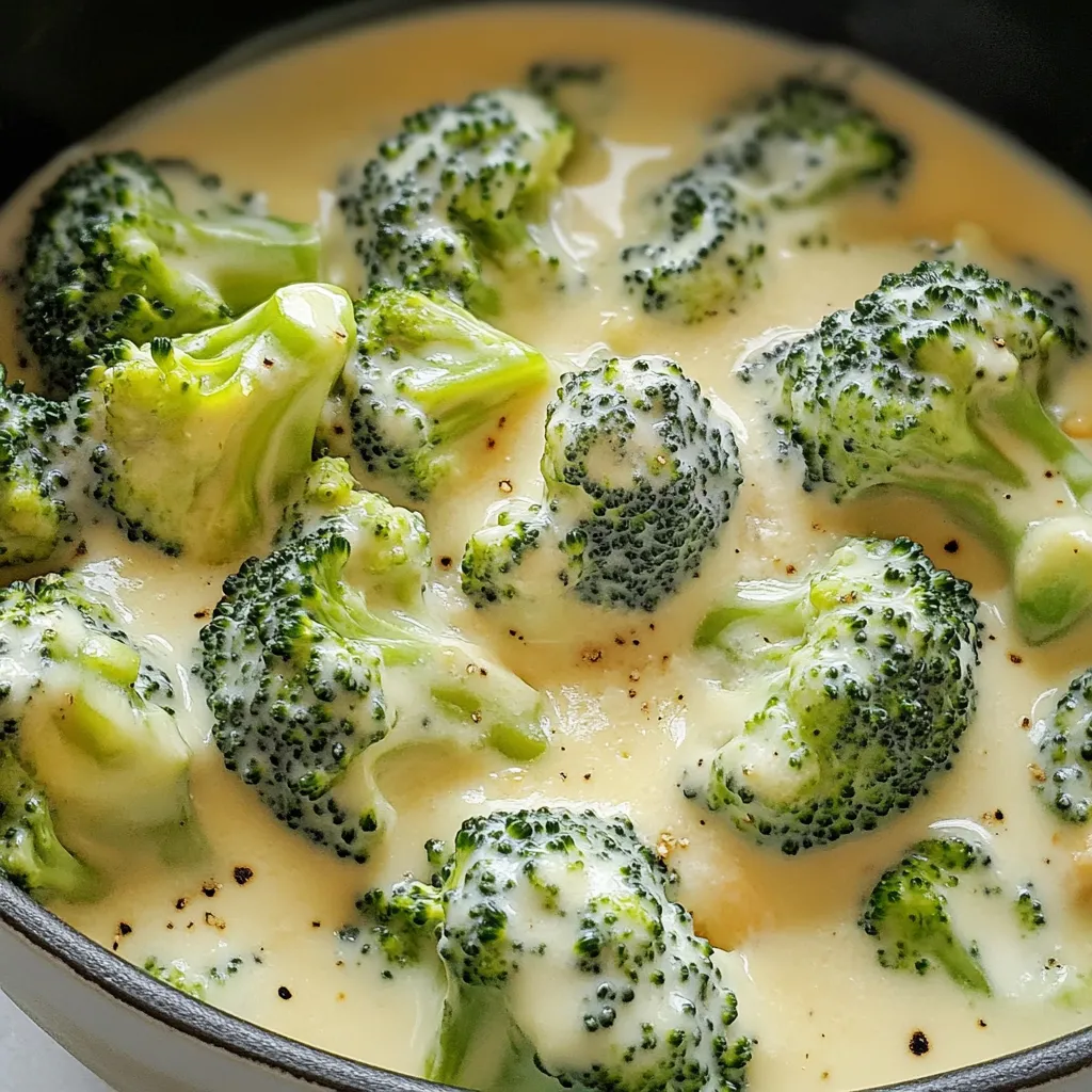 Brócoli a la crema servido en un plato blanco con salsa cremosa y queso rallado