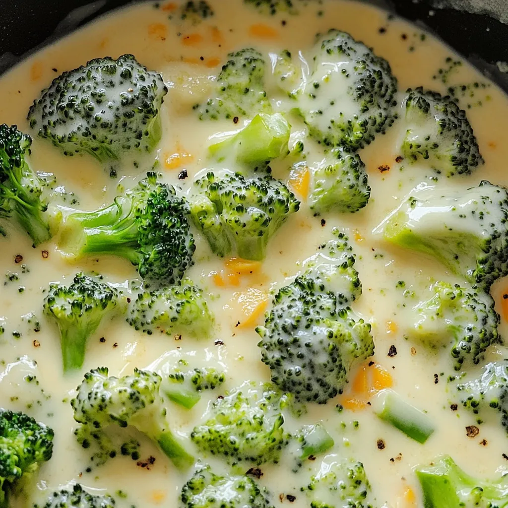 Brócoli a la crema servido en un plato blanco con salsa cremosa y queso rallado