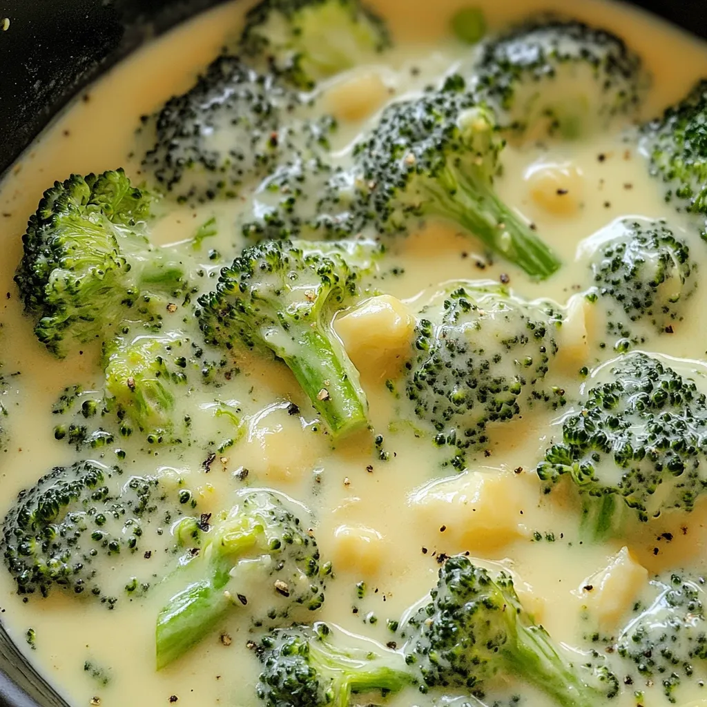 Brócoli a la crema servido en un plato blanco con salsa cremosa y queso rallado