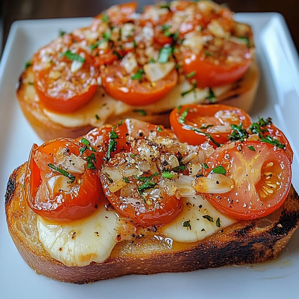 Pan crujiente con bruschetta de ajo asado y tomate fresco.