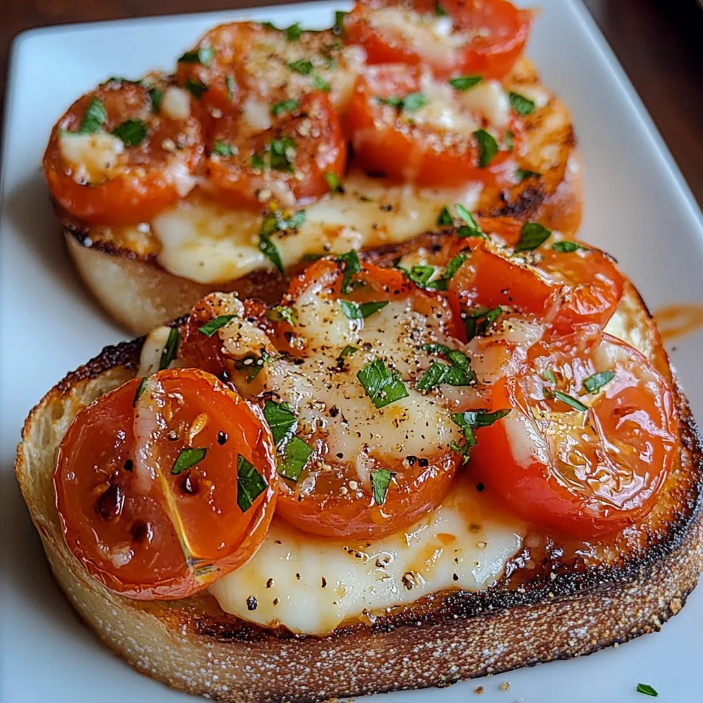 Pan crujiente con bruschetta de ajo asado y tomate fresco.