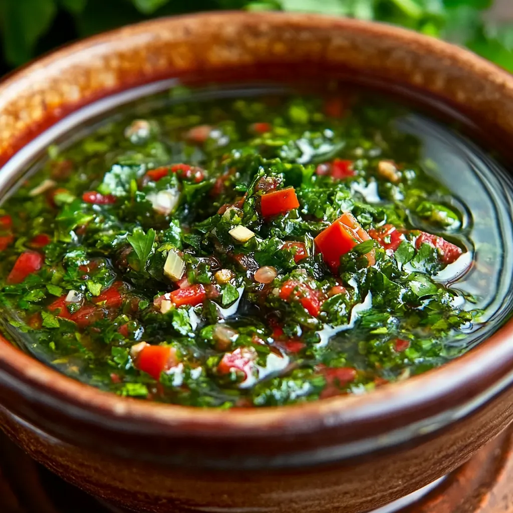 Chimichurri argentino casero en un frasco de vidrio