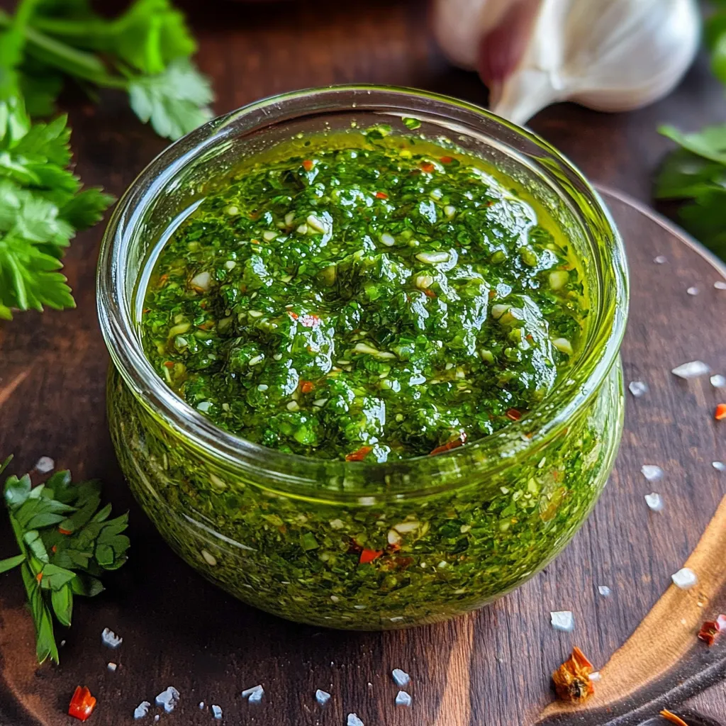 Salsa chimichurri casera en un bol con cuchara, lista para servir sobre carne a la parrilla.