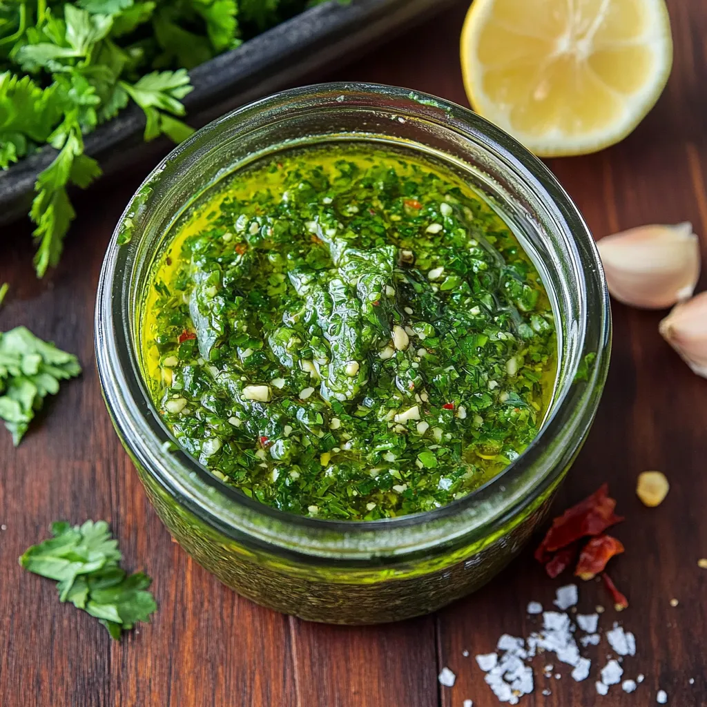 Salsa chimichurri casera en un bol con cuchara, lista para servir sobre carne a la parrilla.