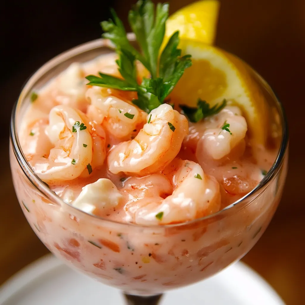 Cóctel de camarón servido en una copa con salsa rosada, decorado con cilantro y acompañado de galletas saladas.