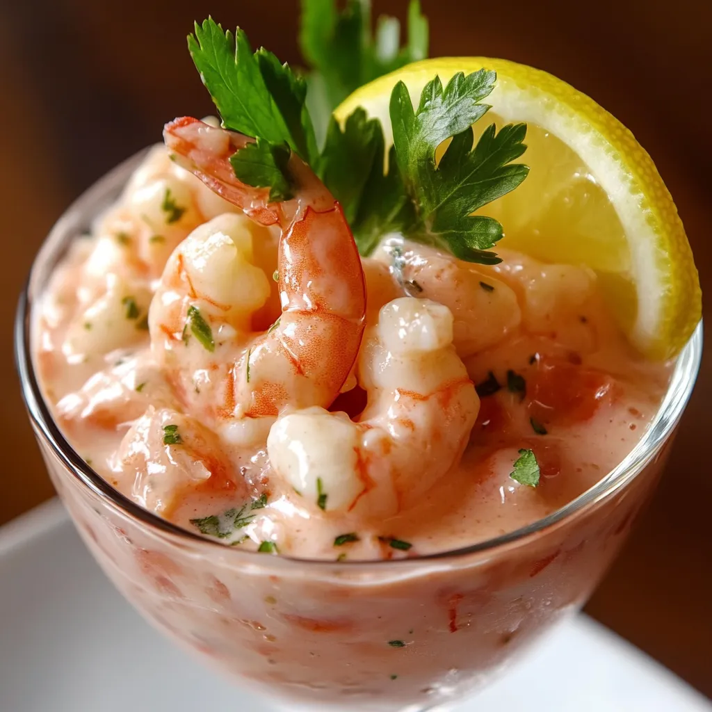 Cóctel de camarón servido en una copa con salsa rosada, decorado con cilantro y acompañado de galletas saladas.