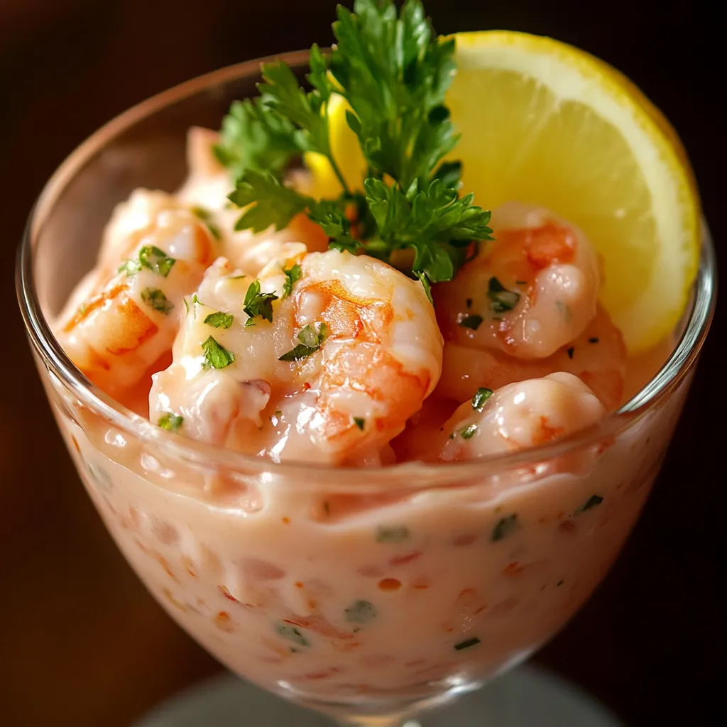 Cóctel de camarón servido en una copa con salsa rosada, decorado con cilantro y acompañado de galletas saladas.