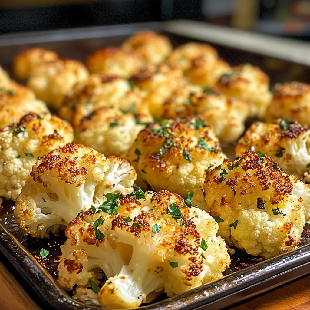 Coliflor al horno crujiente en una bandeja con especias y queso parmesano derretido.