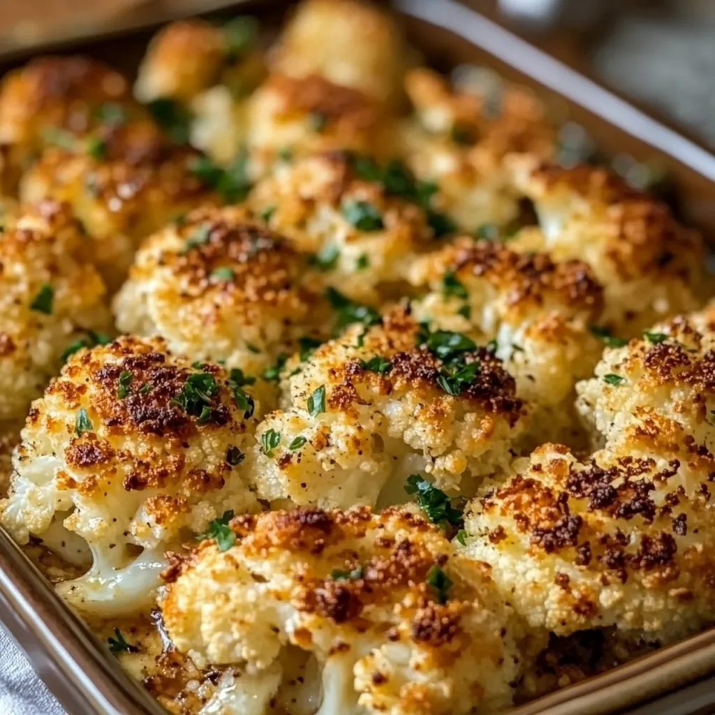 Coliflor al horno crujiente en una bandeja con especias y queso parmesano derretido.