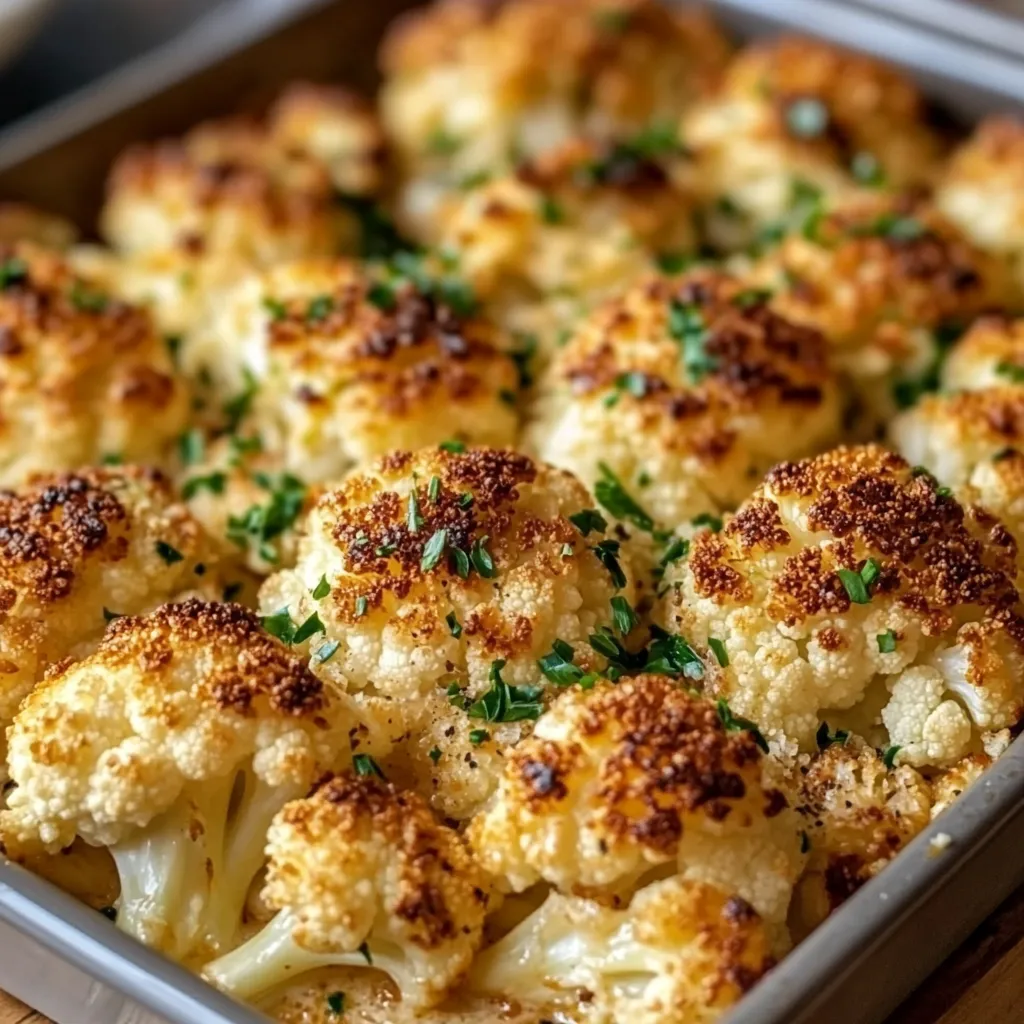 Coliflor al horno crujiente en una bandeja con especias y queso parmesano derretido.