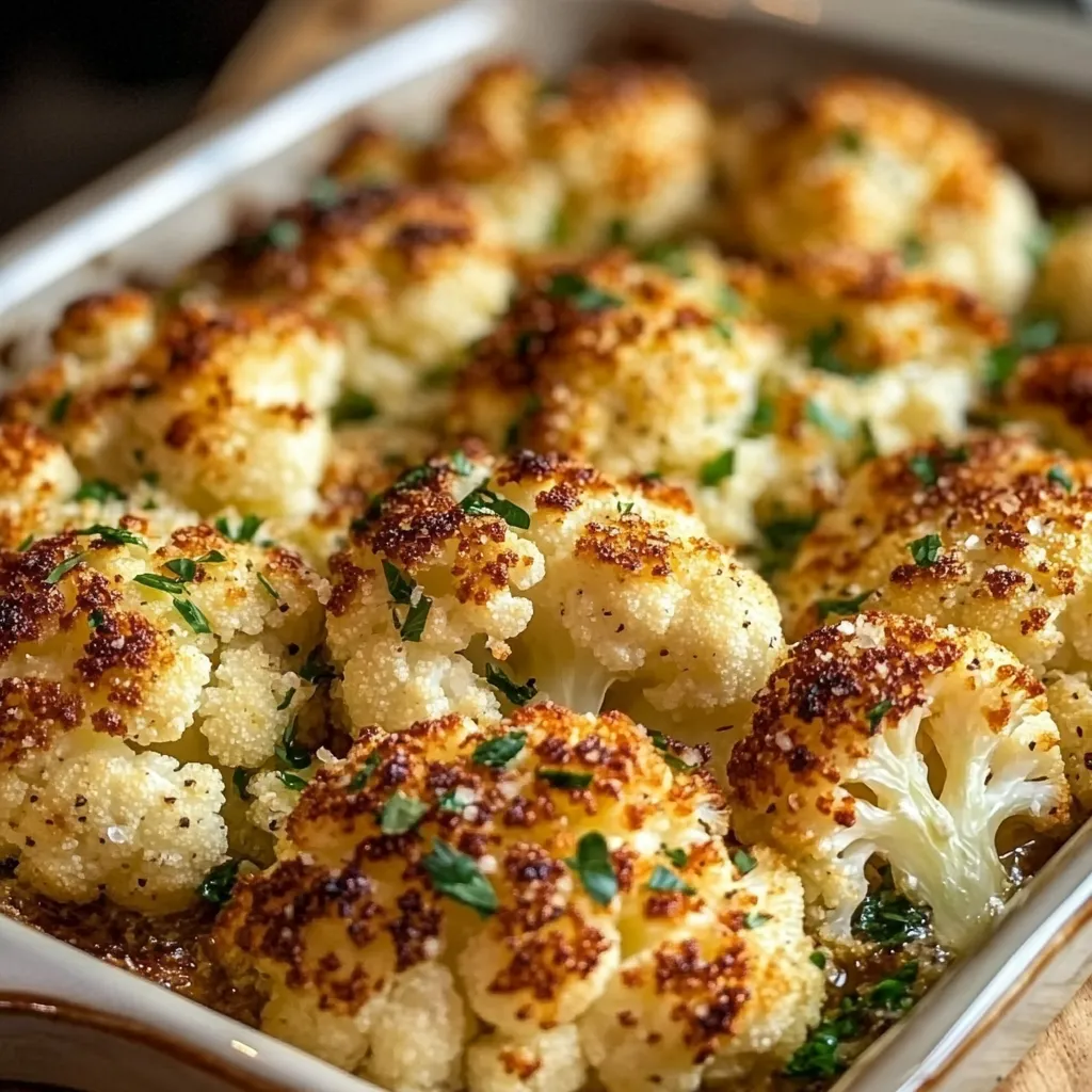 Coliflor al horno crujiente en una bandeja con especias y queso parmesano derretido.