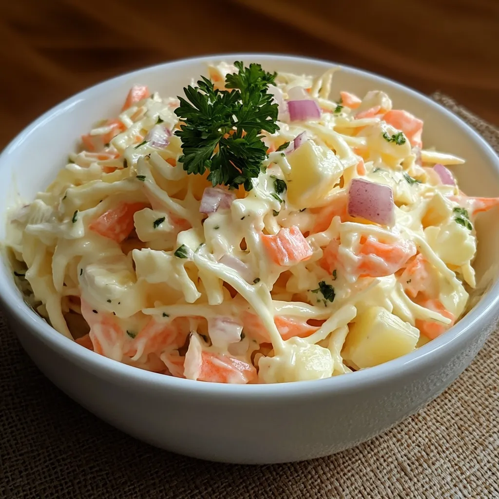 Plato de ensalada de col cremosa servida en un bol blanco.