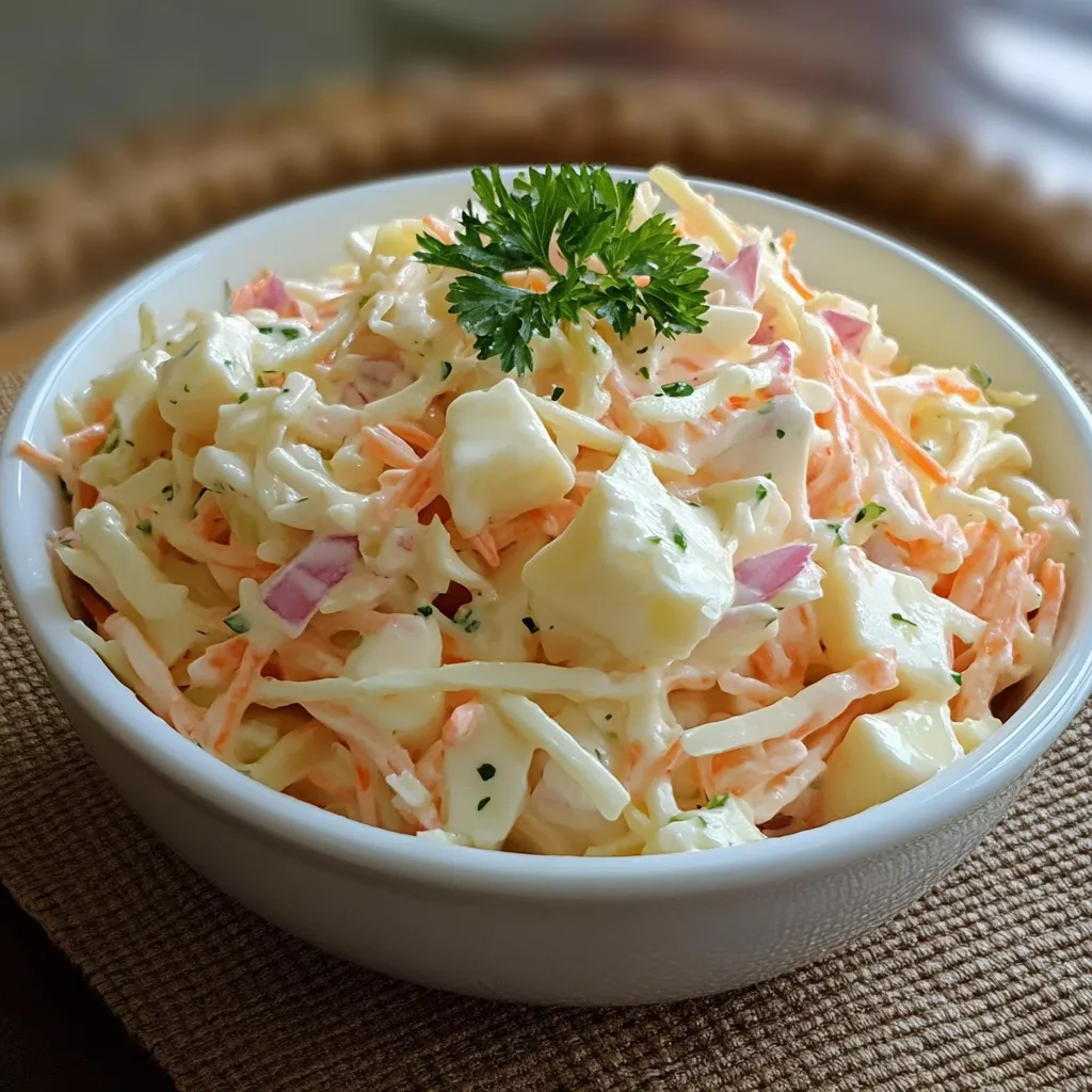 Plato de ensalada de col cremosa servida en un bol blanco.