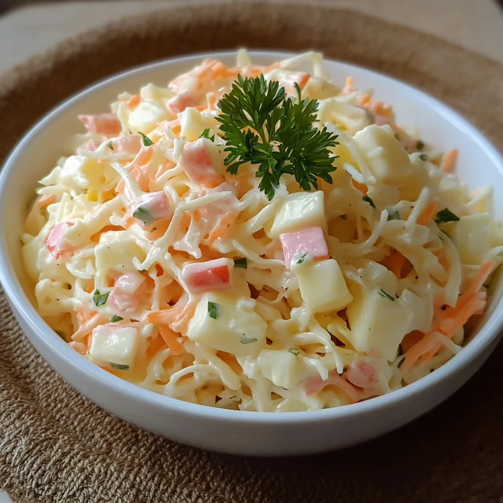 Plato de ensalada de col cremosa servida en un bol blanco.