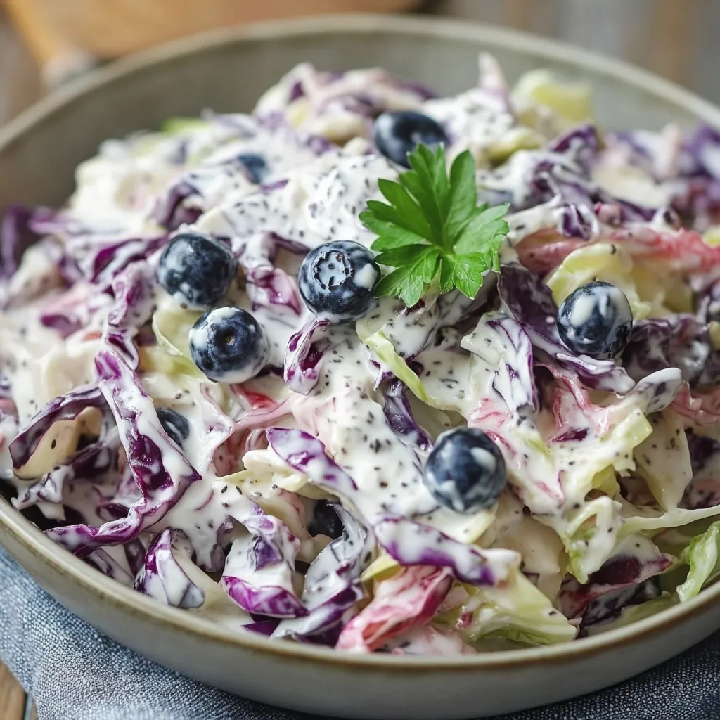 Ensalada de repollo con yogur griego y arándanos servida en un bol de cerámica.
