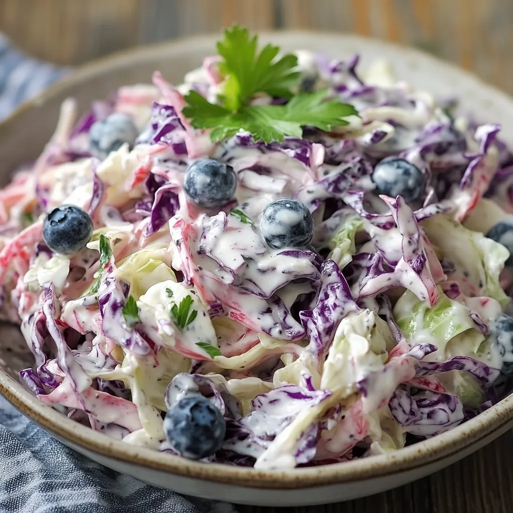 Ensalada de repollo con yogur griego y arándanos servida en un bol de cerámica.