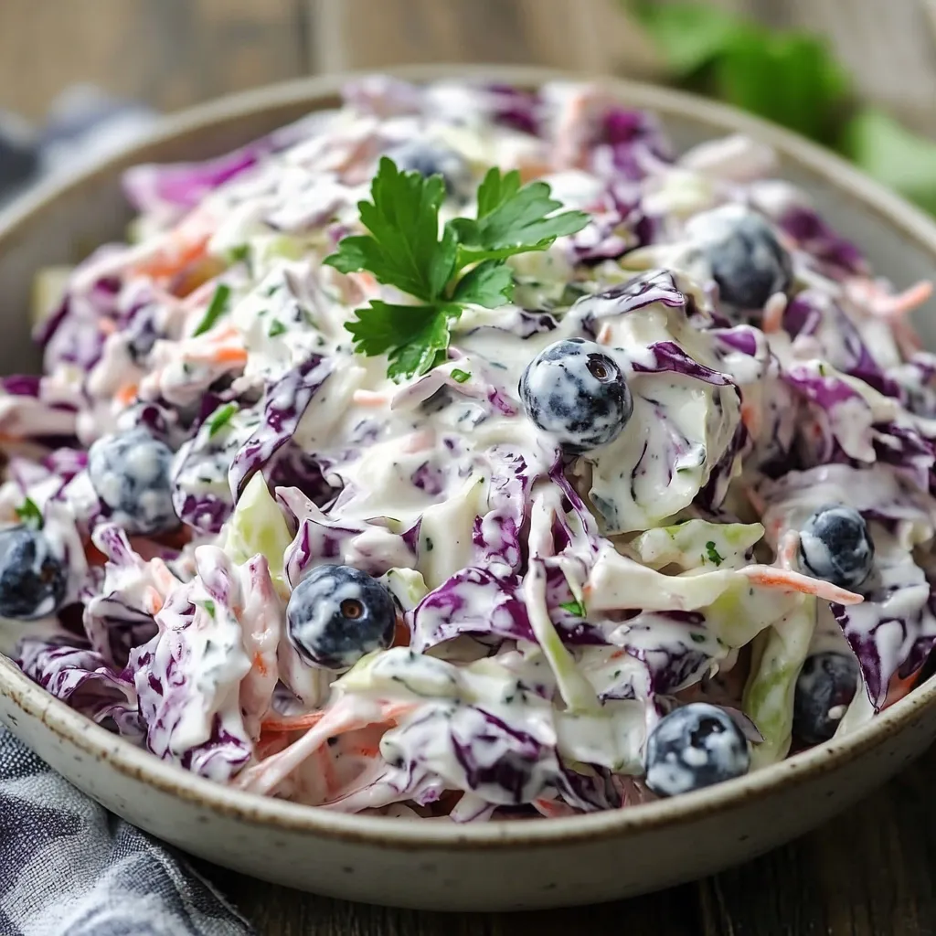 Ensalada de repollo con yogur griego y arándanos servida en un bol de cerámica.