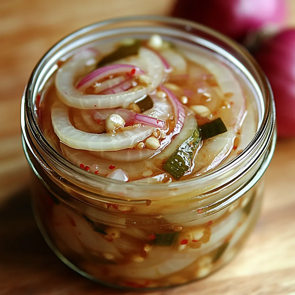 Frasco de escabeche de cebollas rojas con especias en una mesa de madera.