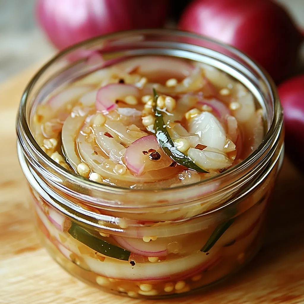 Frasco de escabeche de cebollas rojas con especias en una mesa de madera.