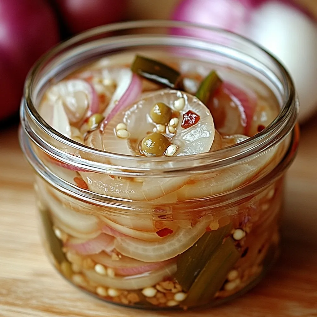 Frasco de escabeche de cebollas rojas con especias en una mesa de madera.