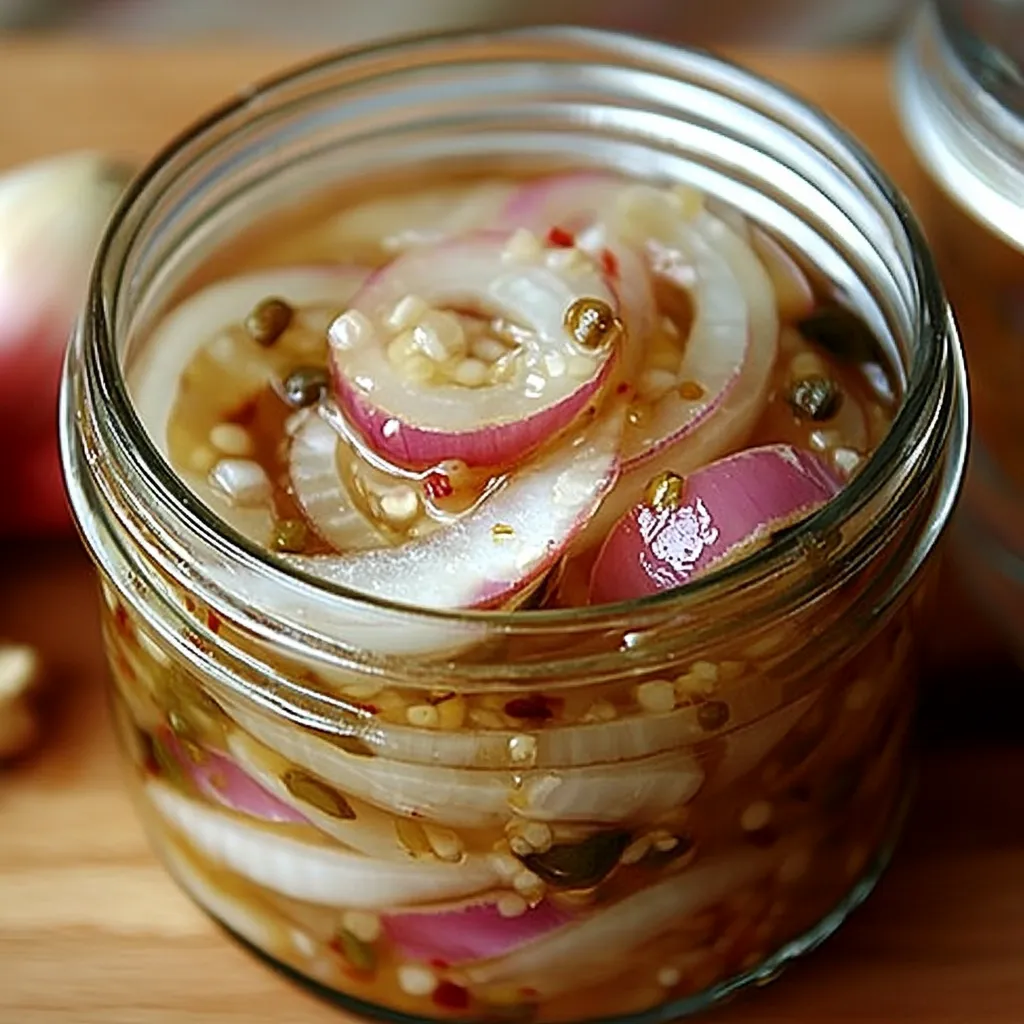 Frasco de escabeche de cebollas rojas con especias en una mesa de madera.