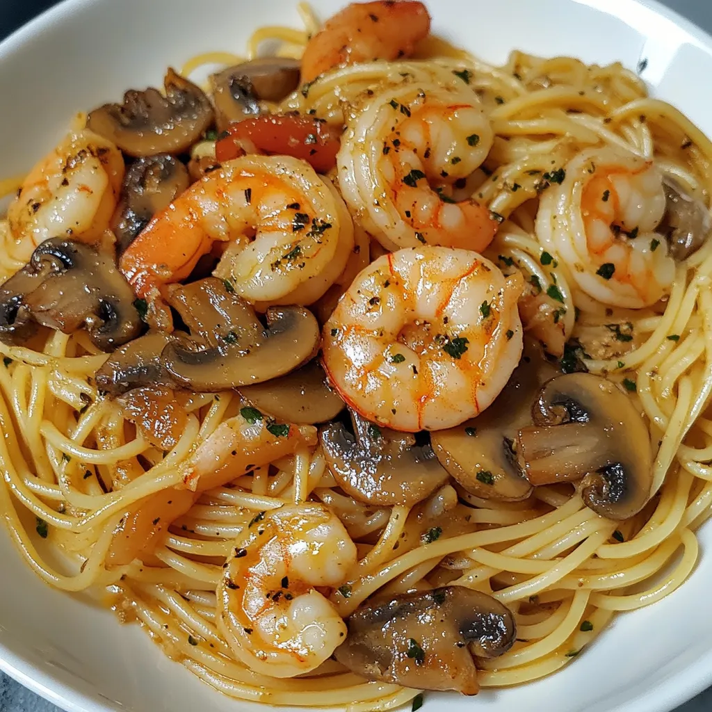 Plato de espaguetis con gambas y champiñones servido en un plato blanco.