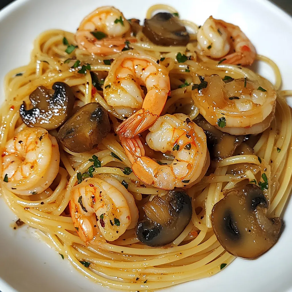 Plato de espaguetis con gambas y champiñones servido en un plato blanco.