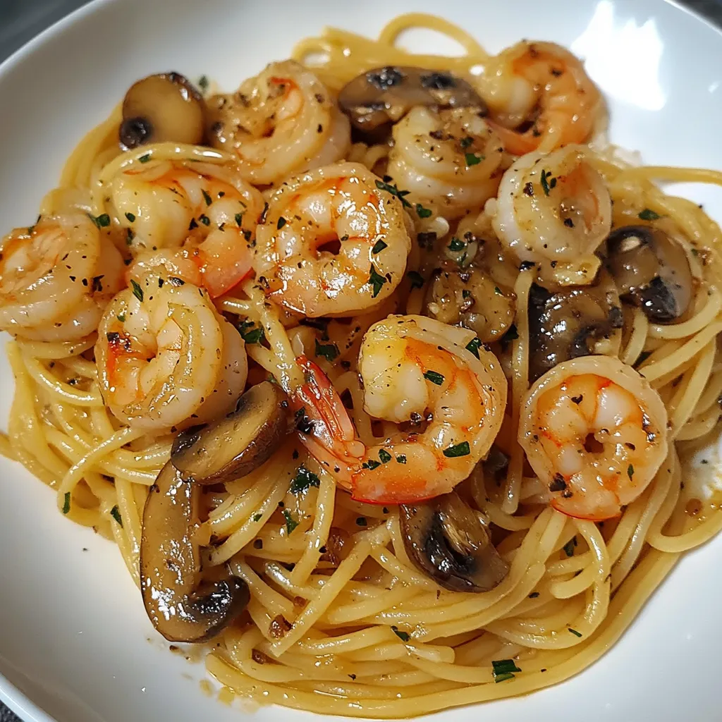 Plato de espaguetis con gambas y champiñones servido en un plato blanco.