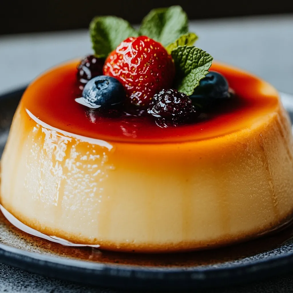 Flan casero de la abuela con caramelo dorado en un plato blanco.