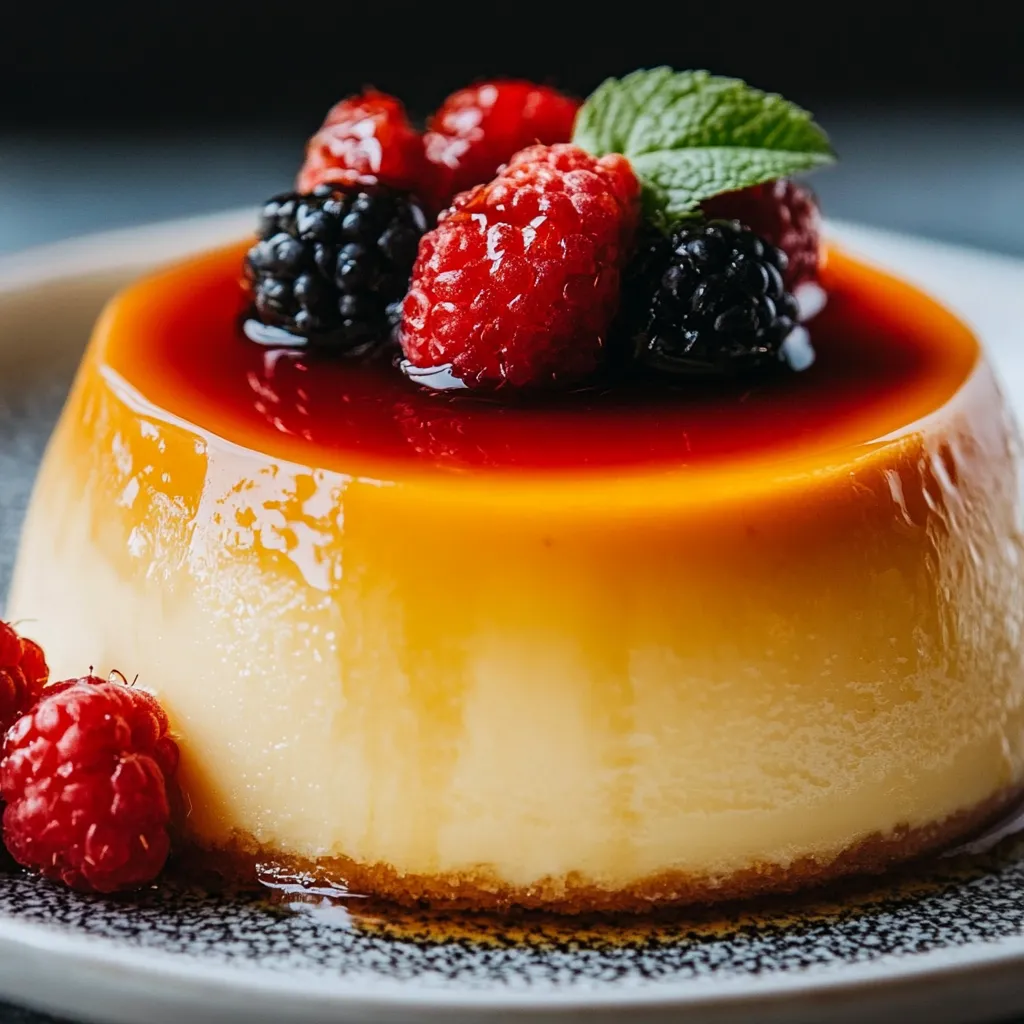 Flan casero de la abuela con caramelo dorado en un plato blanco.