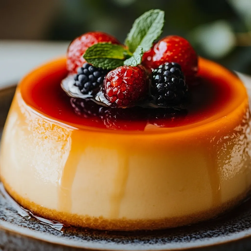Flan casero de la abuela con caramelo dorado en un plato blanco.