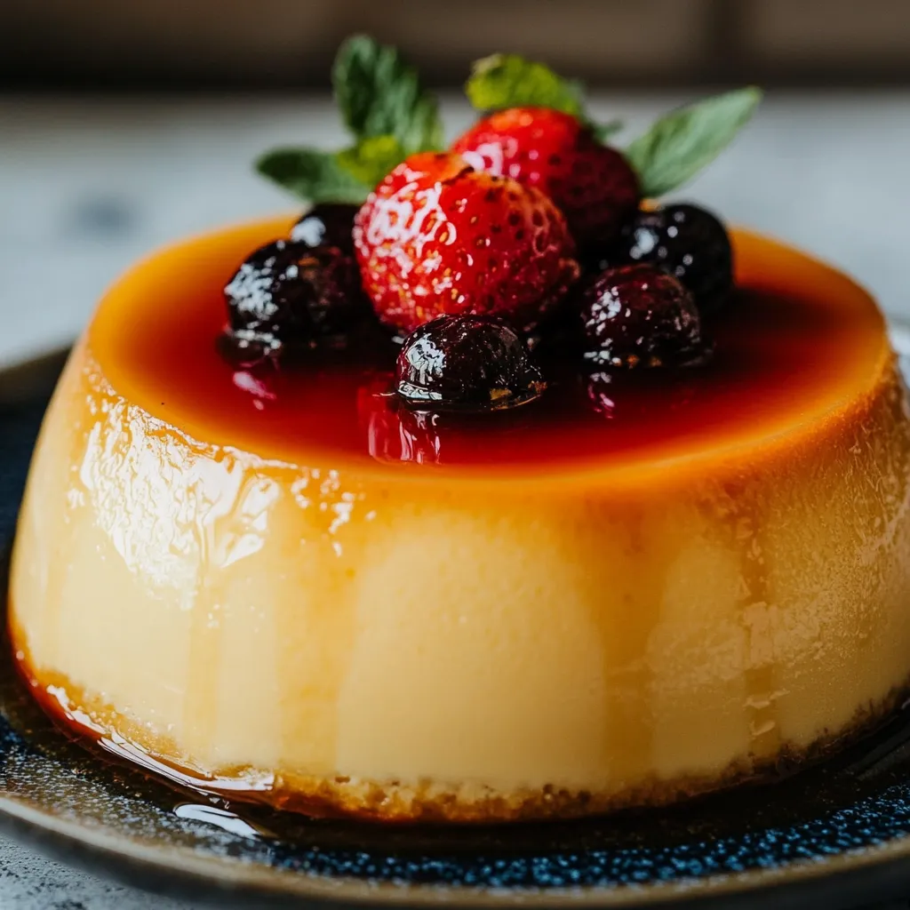Flan casero de la abuela con caramelo dorado en un plato blanco.
